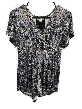 World Unity Paisley Print Tunic Top Crochet Detail Short Sleeve Sz M Whimsygoth